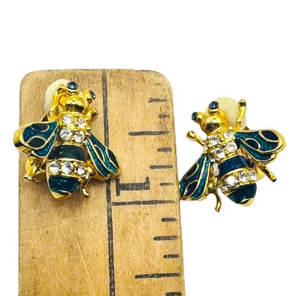 Vintage Bee Shaped Gold-Tone Clip-On Earrings W Rhinestones & Enamel Accents - Picture 5 of 8